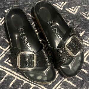 Birkenstock Black Madrid Croc-Textured Slide Sandals with Silver Buckles